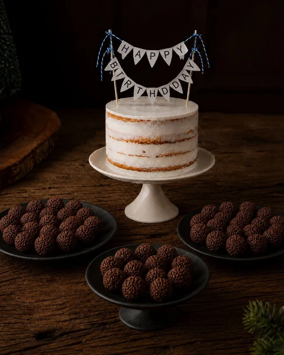 Mesa com bolo semi naked e brigadeiros da Grão